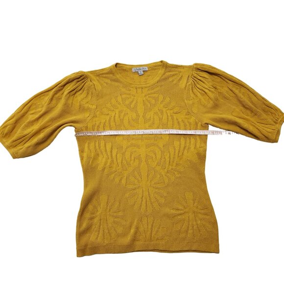 Ophelia Roe Puff Sleeve Gold Yellow Medallion Knit Eyelet Sweater Size S - Picture 9 of 14